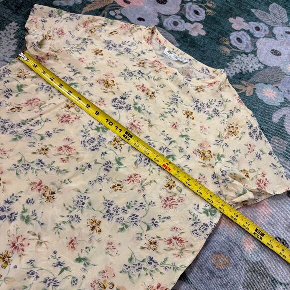 Vintage Silk Floral Blouse Dainty XL Womens Short Sleeve Crew Beck Light Yellow - Picture 9 of 11